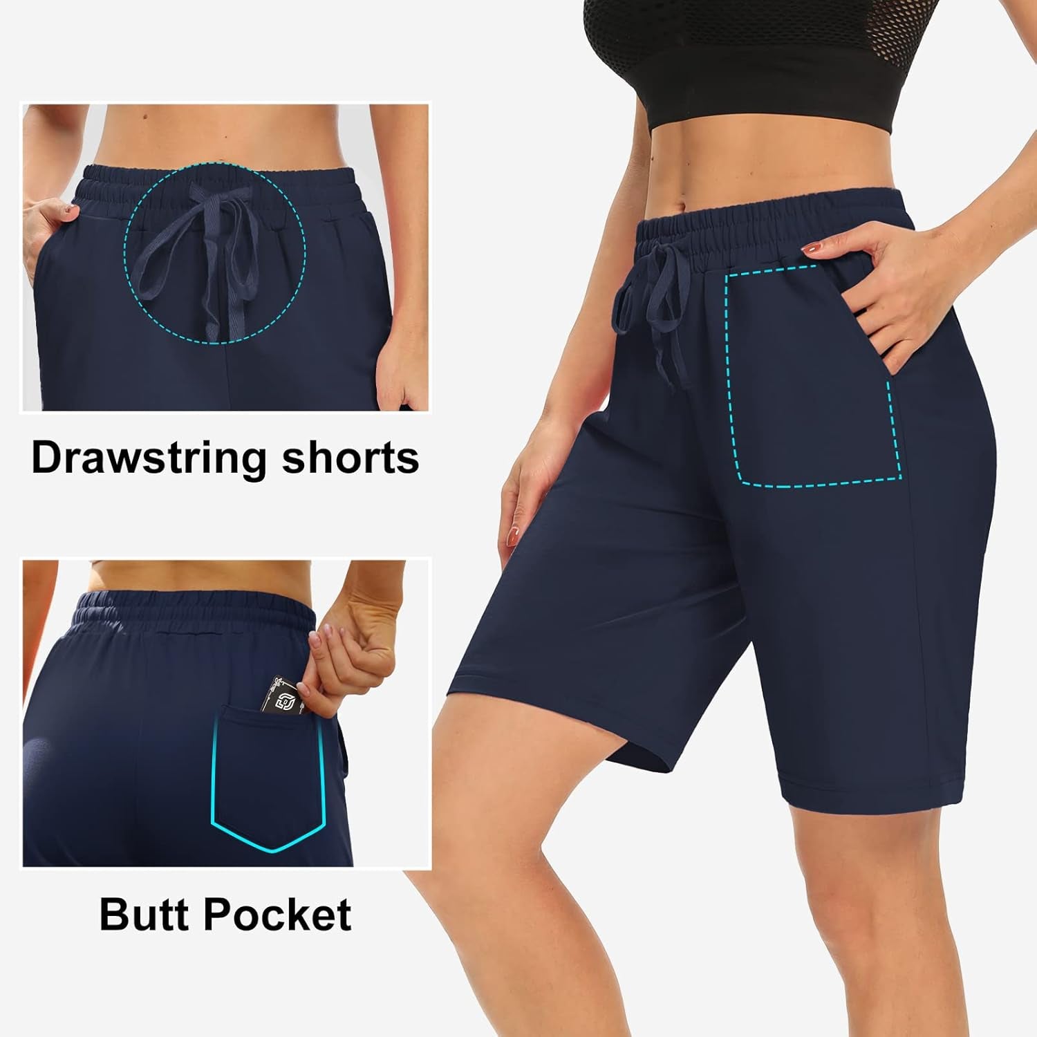 Womens Yoga Shorts Loose Comfy Drawstring Lounge Bermuda Shorts with 3 Pockets